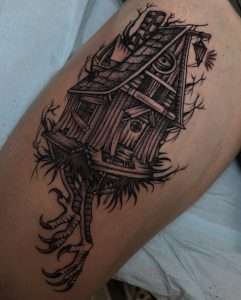An American traditional take on the slavic folklore entity called the Baba Yaga by Jacksonville artist Julissa Yaselin, done in black and grey stipple shading on the thigh.